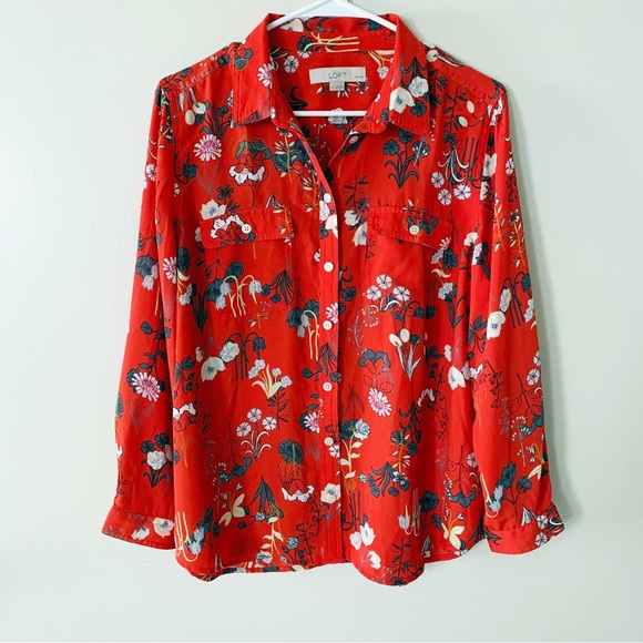 LOFT Tops - LOFT button down chiffon blouse red floral size large petite